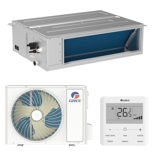 conductos Gree UM CDT 24 con R32, la  Compuesto por la unidad interior GUD71PHS/A-T (900 x 260 x 655 mm) y la unidad exterior GUD71W/NhA-T (892 x 698 x 340 mm), este equipo te ofrece 6020 frigorías y 6880 calorías.
