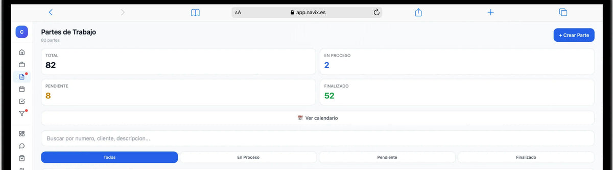 Panel de partes de trabajo de la aplicación de coordinación, con el recuento por estado: total, en proceso, pendiente y finalizado.